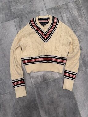 rag & bone Cream Cable Knit V-Neck Sweater with Navy & Red Stripes